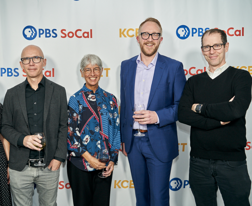 (Left to Right) USC’s Hugh McHarg, Dean of USC Libraries Catherine Quinlan, Host Nathan Masters and USC's Tyson Gaskill arrive at KCET’s LOST LA event at Angeleno Wine Company on Mar. 29, 2022. Photo courtesy of KCET.