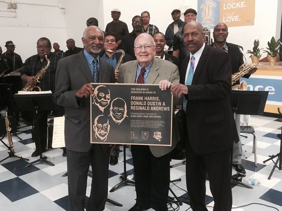 Frank Harris, Donald Dustin & Reggie Andrews at ceremony dedicating the Locke Music building (2016) | Courtesy of Ralph Peterson