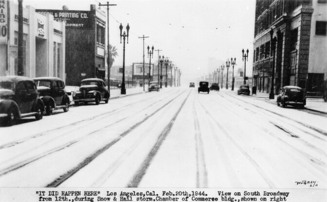 Snow on Broadway at 12th in downtown Los Angeles, 1944