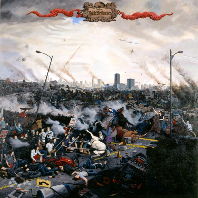 Sandow Birk, "In Smog and Thunder: The Battle of San Francisco," 1996. Oil on canvas. 84 x 84 inches. Courtesy of Catharine Clark Gallery, San Francisco.