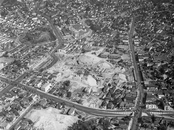 Demolition clearing for the Four Level interchange on February 16, 1948. Courtesy of the Los Angeles Times Photographic Archive, Department of Special Collections, Charles E. Young Research Library, UCLA.