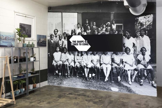 Kahlil Joseph, BLKNWS®, 2018-ongoing. Two-channel fugitive newscast. Courtesy of the artist. Installation view, "Made in L.A. 2020: a version," Patria Coffee Roasters, Los Angeles. | Jeff McLane