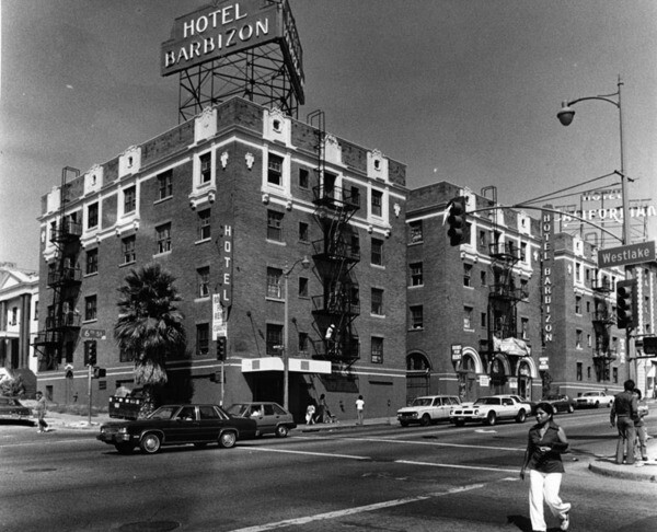 Neighboring Hotel Barbizon in the 1970s, with Hotel Californian sign in the background | Courtesy of the Los Angeles Public Library