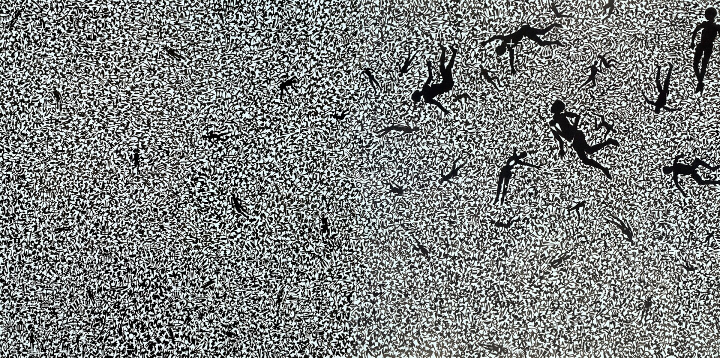 Zong (2019), ink and acrylic on Dura-Lar, 36 x 70 inches | Courtesy of Mark Steven Greenfield