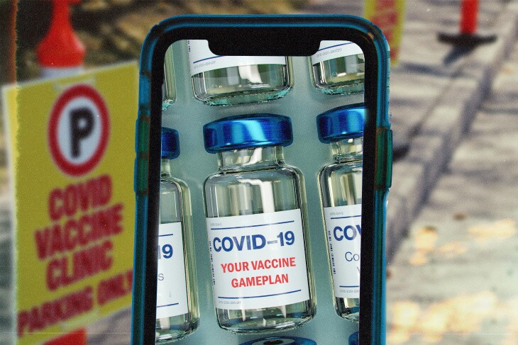 A smartphone screen showing a vial of COVID-19 vaccine.
