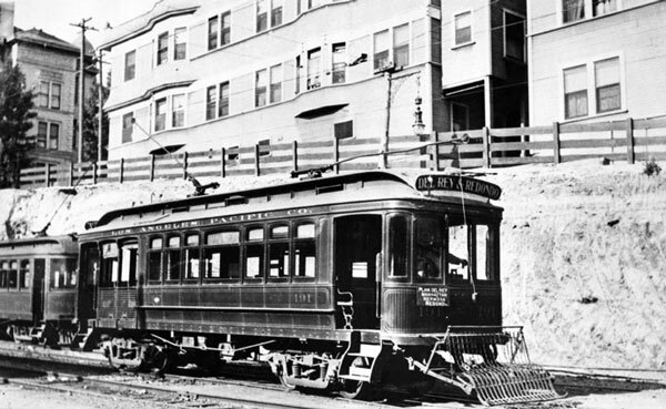 A car on the Los Angeles Pacific Railroad's Del Rey and Redondo Line, which ran through Manhattan Beach. Courtesy of the Photo Collection, Los Angeles Public Library.