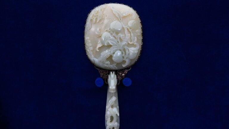 Appraisal: Chinese Jade-mounted Mirror with Fitted Box, ca. 1920