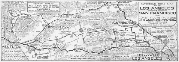 1917 map of automobile routes between Los Angeles and Ventura. Courtesy Automobile Club of Southern California (Strip Maps Collection held by the USC Libraries.)