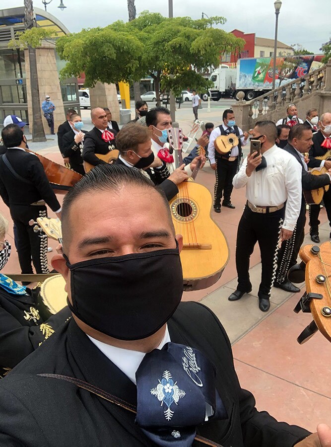 Joel Jacques of Mariachi Los Criollos de Guadalajara gets ready to play at Los Angeles gigs during the pandemic. | Courtesy of Joel Jacques