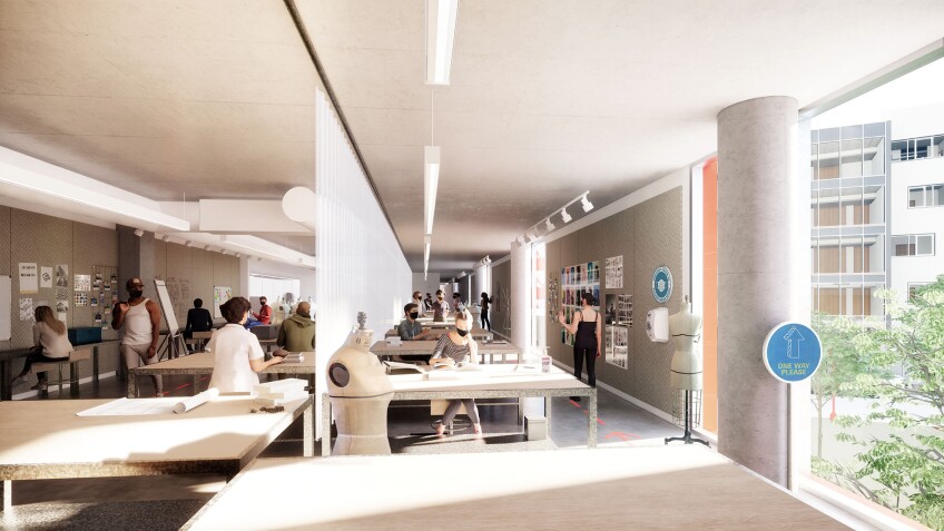 A rendering of a fashion studio with COVID-19 regulations in place such as social distancing and plastic barriers.