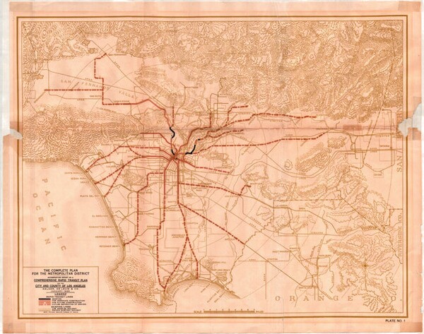 The 1925 proposal envisioned L.A.'s rapid-transit system growing along with the city. Courtesy of the Metro Transportation Library and Archive.