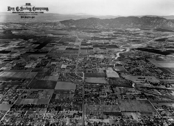 Aerial view of the San Fernando Valley north on Sepulveda Blvd. from Sherman Way, 1/30/1946.