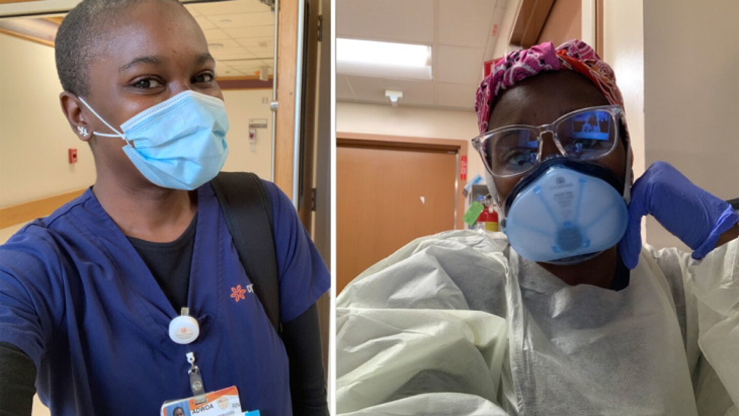 (LEFT) ER nurse Adwoa Blankson-Wood pictured near the start of the COVID-19 pandemic in 2020, wearing scrubs and a surgical mask; By October, Blankson-Wood was required to don an N-95 mask, protective goggles, a head covering and full PPE to interact with patients.