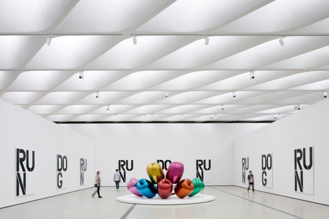 Installation of works by Christopher Wool and Jeff Koons in The Broad's third-floor galleries. | Photo: Bruce Damonte, courtesy of The Broad and Diller Scofidio + Renfro.