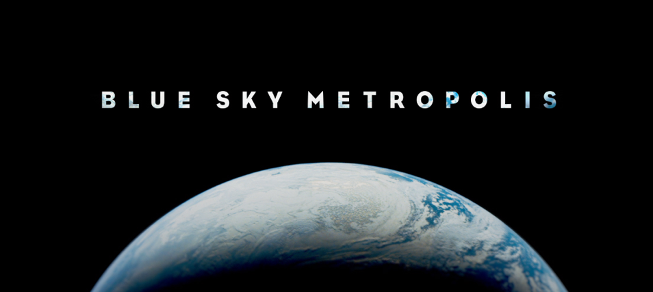 blue sky metropolis logo on top of picture of earth from outer space