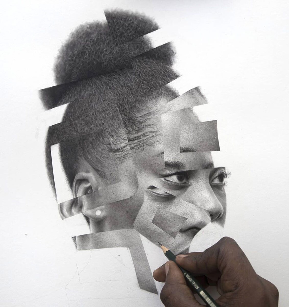 “Paranormal Portrait #3” in progress by Arinze Stanley. Charcoal and graphite on paper, 15.3’’ x 18.’’ | Courtesy of Corey Helford Gallery