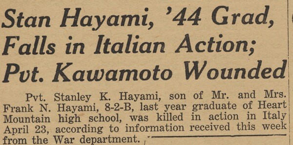 Heart Mountain Sentinel, the camp newspaper, reports the death of Stanley Hayami, 12 May 1945. Gift of Grace Warren, Japanese American National Museum