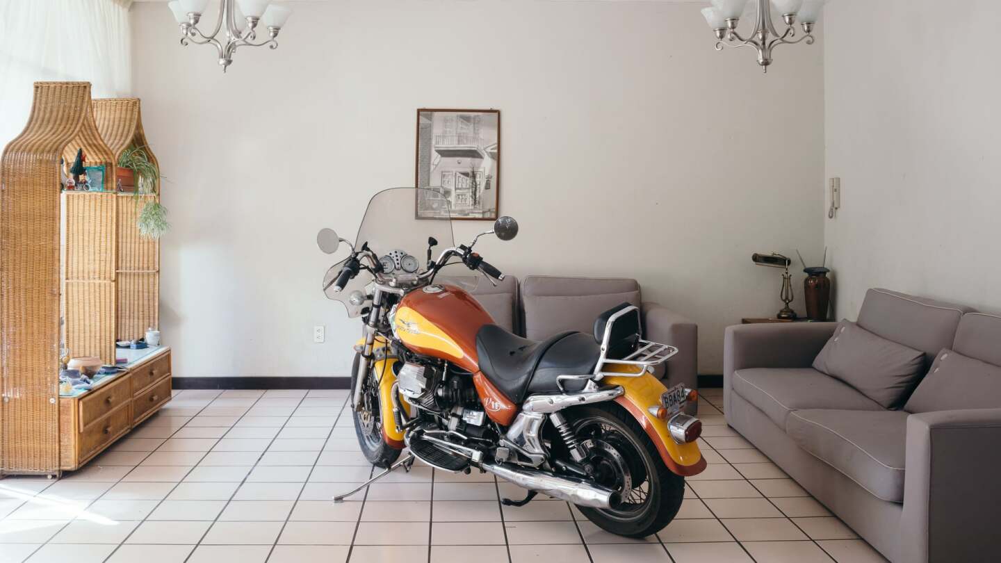 Carmen Argote, "If it were only that easy...," 2018. Moto Guzzi V11 motorcycle in Guadalajara, in the artist's father's house | Courtesy of the artist