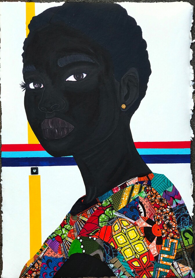 Idris Habib's "Asabey," 2020. Acrylic, pencil and Dutch Wax Fabric on 350grams Cotton Paper | Courtesy of Band of Vices