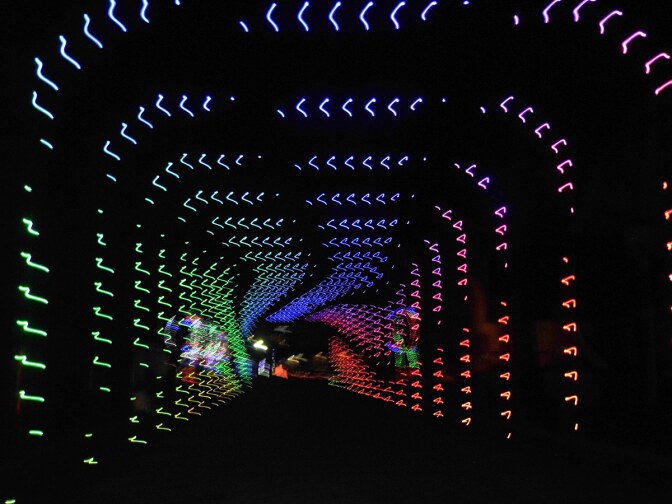 A turnel of rainbow lights at Holidays In Your Car at the Ventura County Fairgrounds. | Sandi Hemmerlein