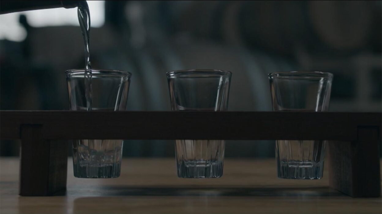 Three Sequoia sake glasses | Still from "The Migrant Kitchen" Sequoia Sake