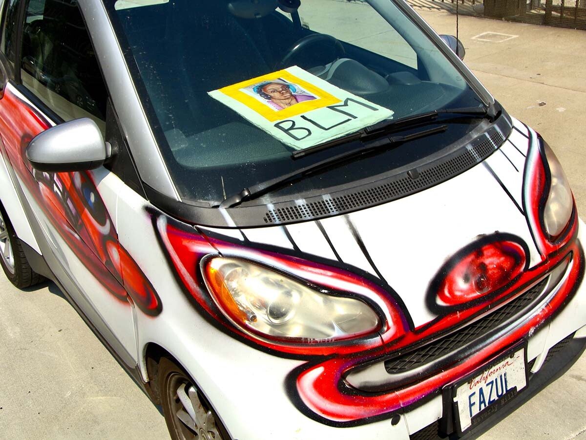 A white car participating at Kenny Scharf's "Karbombz!" car parade September 26, 2020 | Jordan Riefe