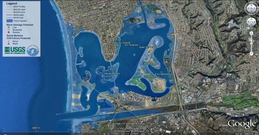 A color satellite map from the USGS shows the potential of wave damage, cliff failure and flood hazard in Mission Bay, San Diego.