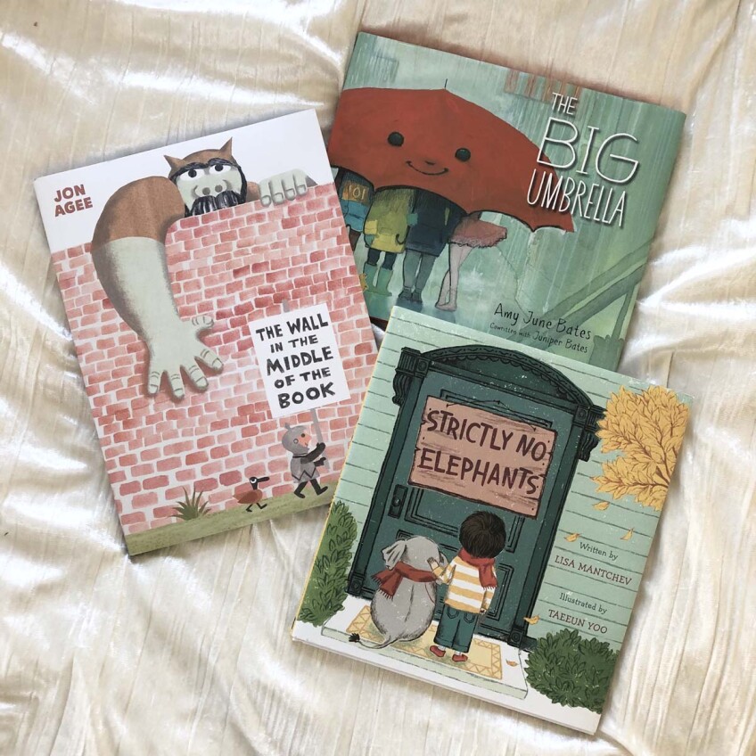 Book covers clockwise from right: “The Big Umbrella” by Amy June Bates and Juniper Bates, illustrated by Amy June Bates; “Strictly No Elephants” by Lisa Mantchev and illustrated by Tae-eun Yoo and “The Wall in the Middle of the Book,” written and illustrated by Jon Agee. Tolerance and understanding book list.