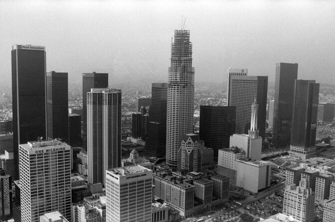 The Library Tower, under construction in 1989, dwarfs the Central Library