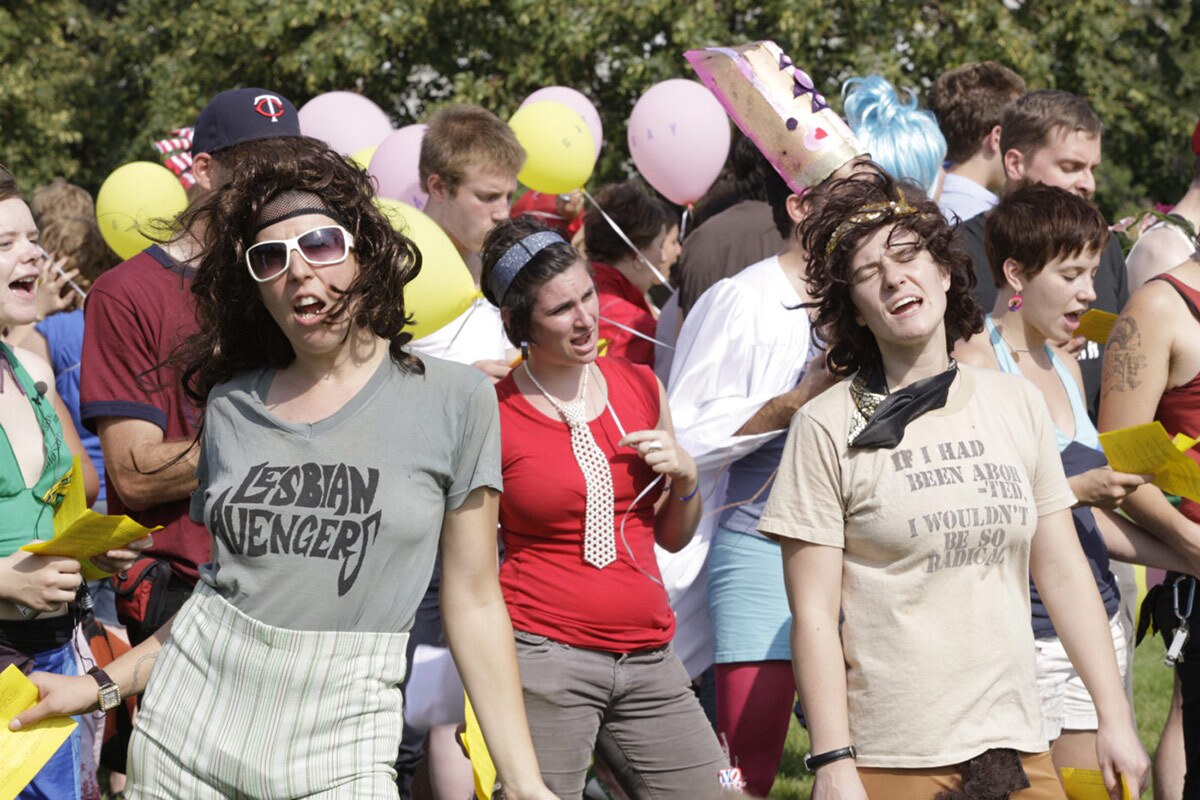 A group of people perform “Revolutionary Love: I am Your Worst Fear, I am Your Best Fantasy” (2008). | Courtesy of UCLA