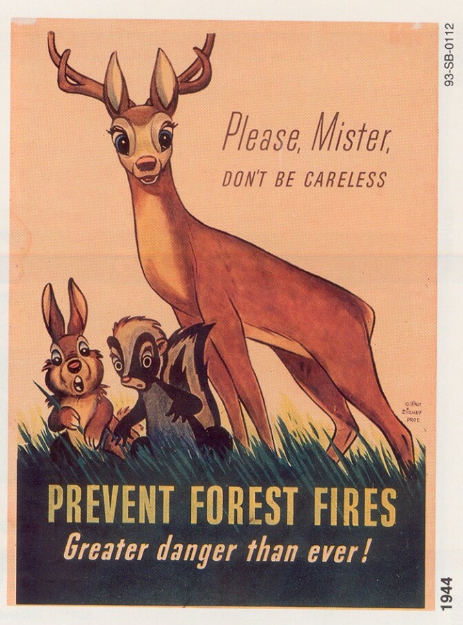 Poster of cartoon animals with text that reads "Please, Mister, Don't be careless" and "Prevent forest fires, greater danger than ever!"