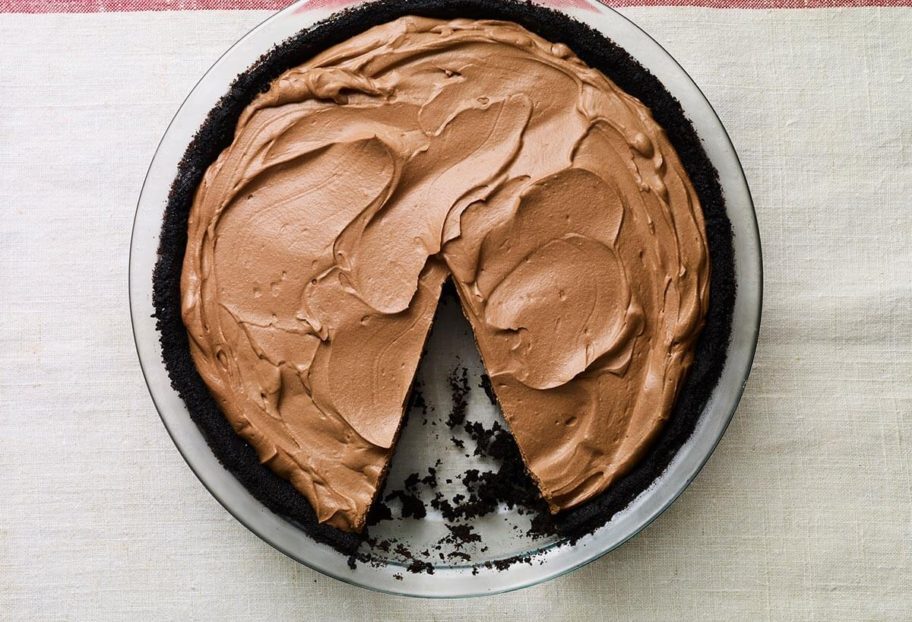 A No Bake Chocolate Pie with a slice missing. | From "Pati's Mexican Table: Season 5, Episode 12"