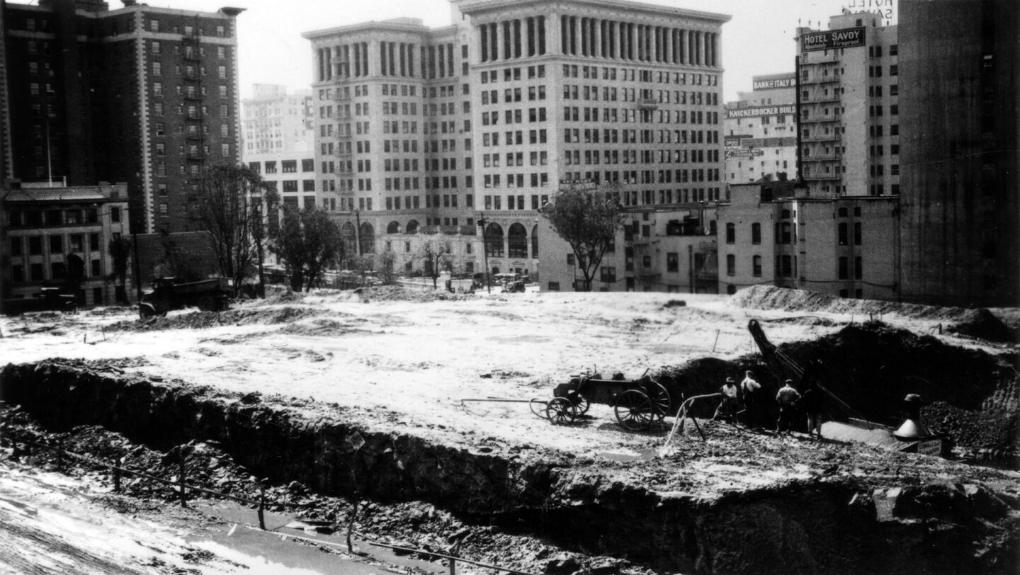Construction of the Central Library, which replaced the Normal School, more or less flattened Normal Hill beyond recognition. Circa 1922 photograph courtesy of the Photo Collection - Los Angeles Public Library.