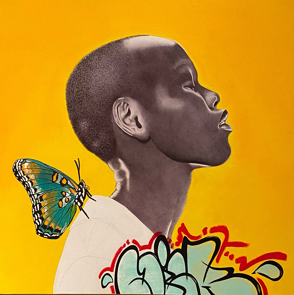 Tommy Mitchell's "Spread Your Wings, Fran," 2020. Ballpoint pen, acrylic on paper, Mounted on Panel | Courtesy of Band of Vices