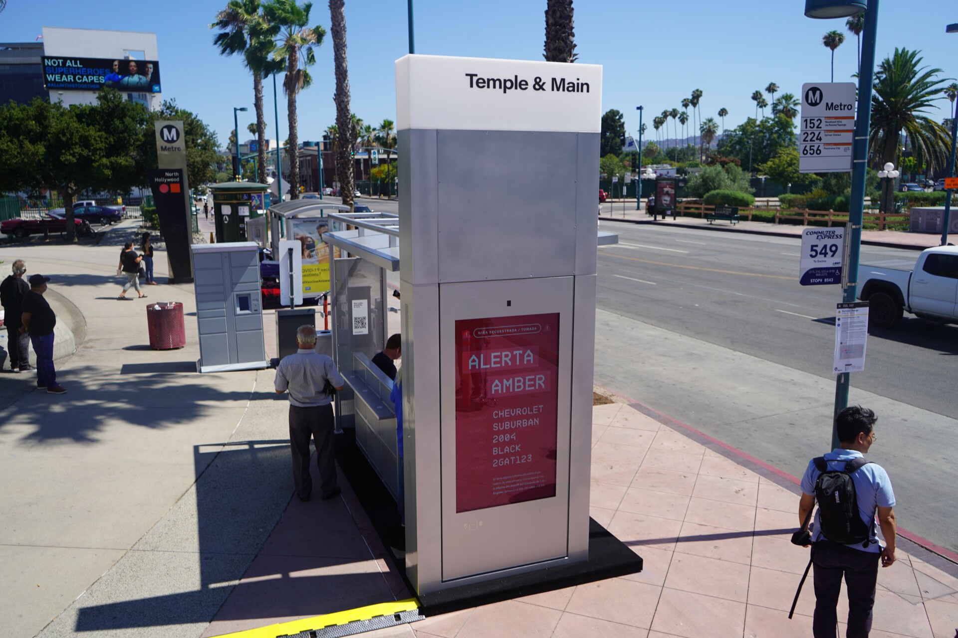 A bus shelter prototype from Tranzito, installed on a sidewalk in North Hollywood in Summer 2021. 