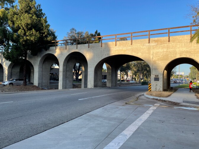 El Prado Bridge in Torrance — a concrete bridge with arches that go over two roads.