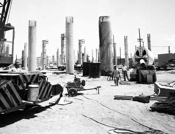 Workers on the Santa Monica Freeway construction site in 1960. Courtesy of the Los Angeles Examiner Collection, USC Libraries.