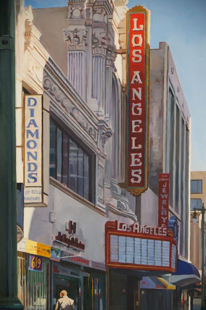 This is the painting Patricia Chidlaw made of the Los Angeles Theater located in downtown L.A. Refetoff has shot it several times in his work as a commercial scout. Photo: Osceola Refetoff