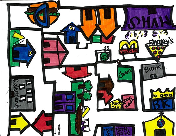 The first layer of Cynthia's map marks out the locations in her community that are important to her. At the top of the page is the map with the second layer that provides more descriptions and experiences.