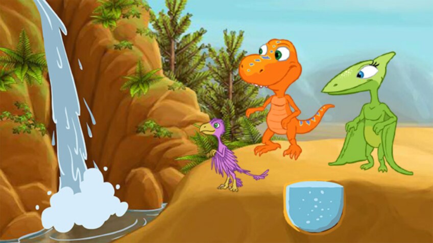 Tres dinosaurios de caricatura se paran en frente de una cascada