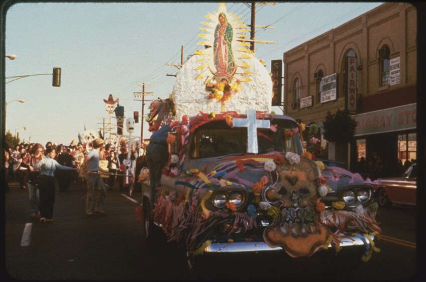 Artist Leo Limon collaborated with legendary artists, Los Four, in 1977 with this Chevy pickup truck that they converted into a float for the Dia de los Muertos procession. | Courtesy of Self Help Graphics