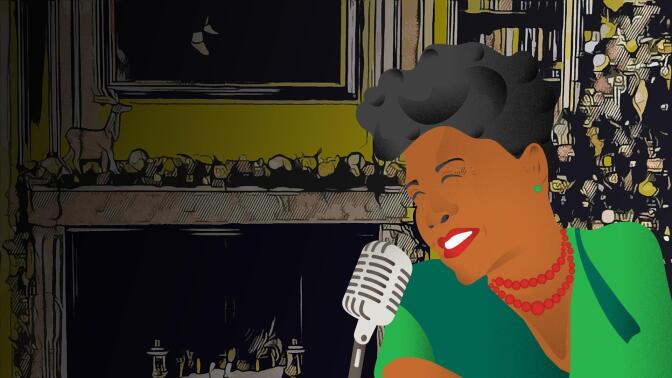 A graphic illustration of Ella Fitzgerald singing into a microphone. | From "Ella Wishes You a Swinging Christmas with Vanessa Williams"
