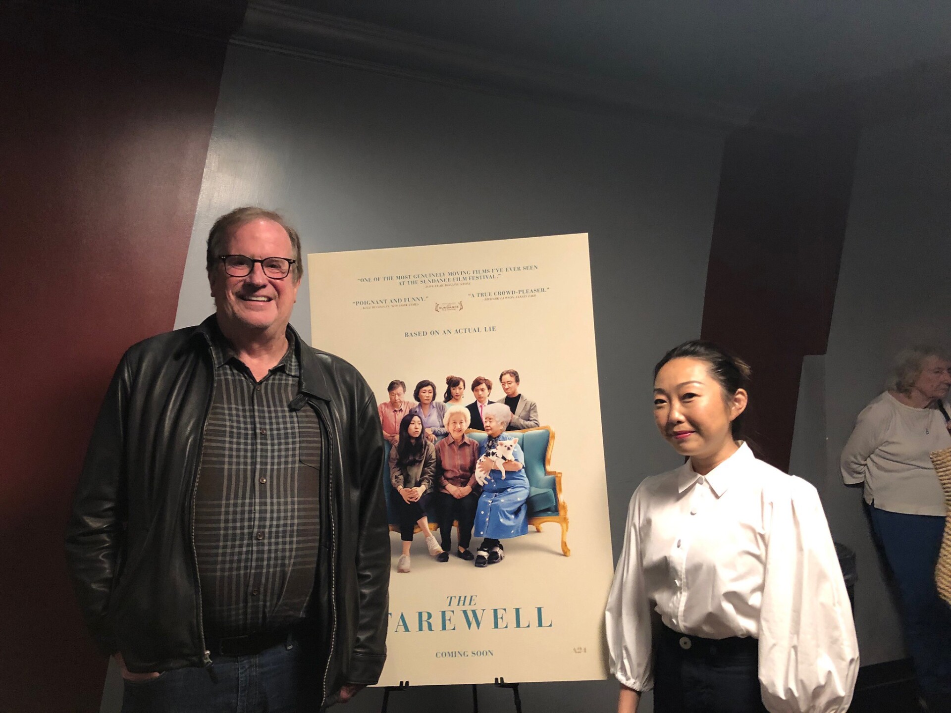 Cinema Series host Pete Hammond with Writer/Director Lulu Wang after a screening of "The Farewell"