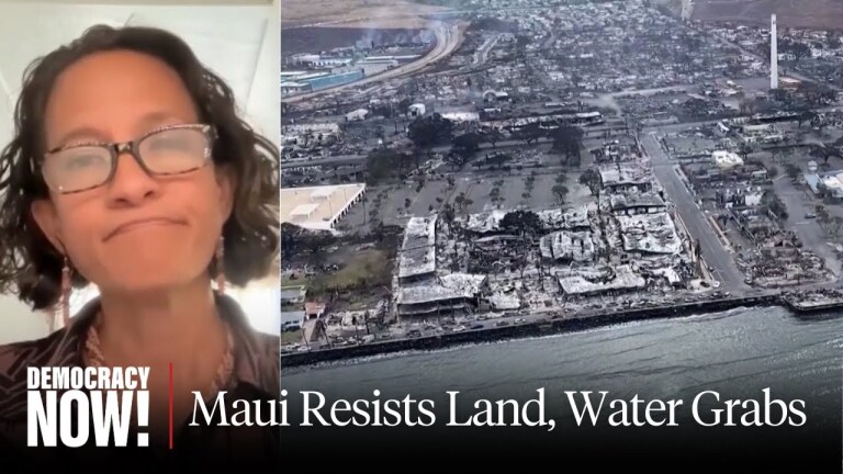 Images of a "Democracy Now!" speaker on video call, and an aerial shot of part of a city in ruin.