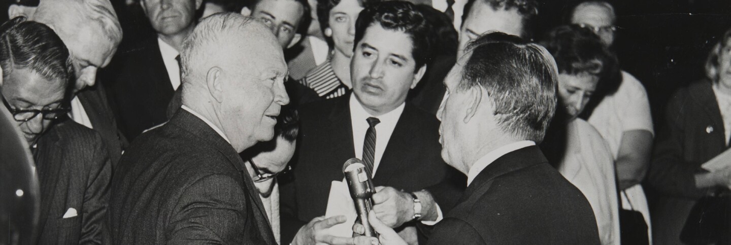 Rubén Salazar with former President Eisenhower, San Bernardino, CA, 1961| Rubén Salazar (1928-1970) Papers, USC Libraries Special Collections