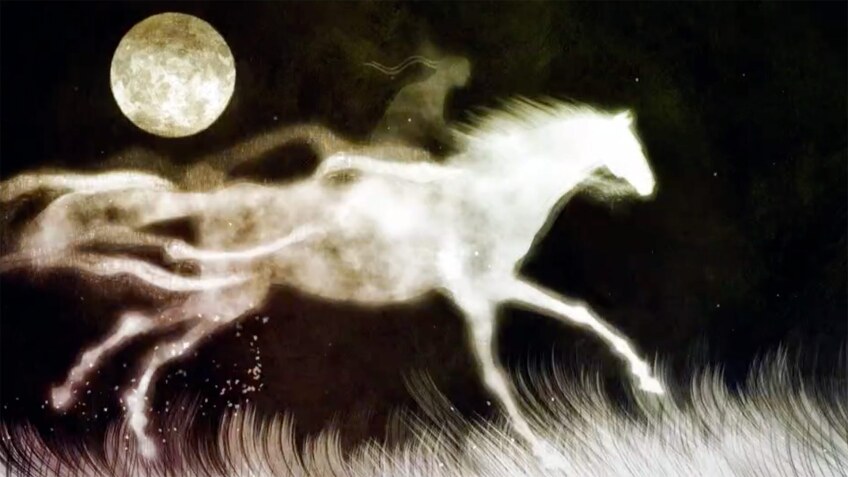 Graphic of a Comanche person riding on a white horse on a full moon night