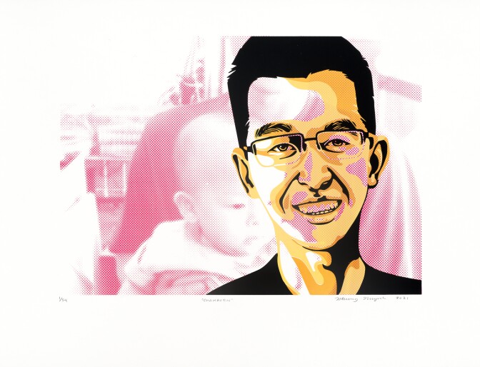 An illustration of Chamreon Eng in purple ink superimposed over a faint photo of a baby and father. The photo in the background is printed in white ink over a flattened pink doughnut box. Chamreon is wearing eye glasses in his portrait.