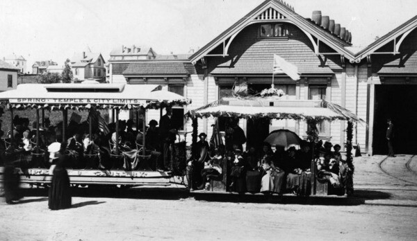 The Temple Street Cable Railway's powerhouse in Angeleno Heights, circa 1890. The station was located at the northwest corner of Temple and East Edgeware Road. Courtesy of the Photo Collection, Los Angeles Public Library.