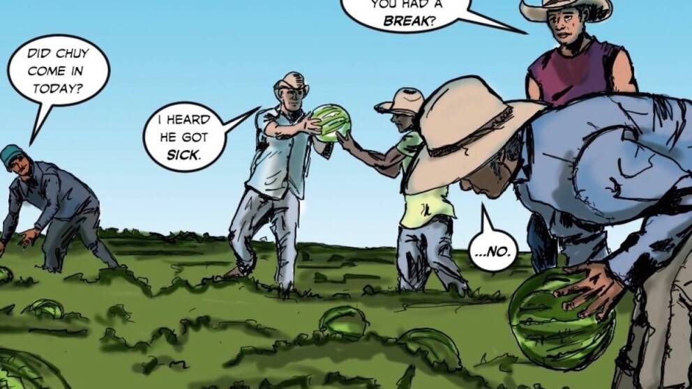 Latino migrant workers in the United States feature in the latest edition of the comic book ‘El Peso Hero’ by Hector Rodriguez, 1 June, 2020. | Handout / Thomson Reuters Foundation