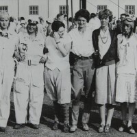A handful of the female aviators who competed in the first women’s transcontinental air derby which began in Santa Monica on August 18, 1929. Amelia Earhart is fourth from the right. Louise Thaden, who won the 2700-mile race, is fifth from the right.